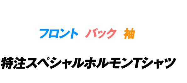 このように過去に登場したホルモンTシャツデザインをフロント・バック・袖の3箇所に自由に配置したあなただけの特注スペシャルホルモンTシャツをプレゼント！