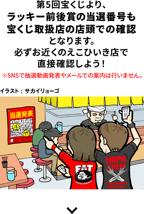 第5回宝くじより、ラッキー前後賞の当選番号も宝くじ取扱店の店頭での確認となります。必ずお近くのえこひいき店で直接確認しよう！